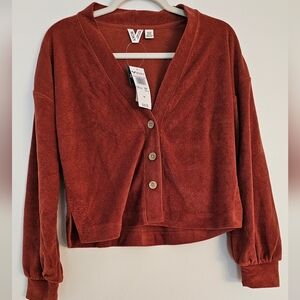 ROXY JUNIORS THREE'S COMPANY TERRY CARDIGAN IN BROWN Size XS